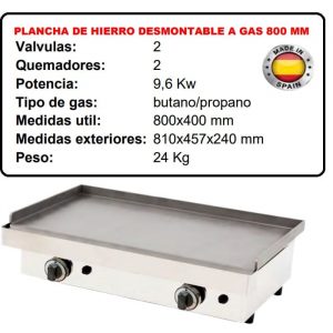 Plancha de Hierro a Gas Desmontable Serie Eco 800 mm datos técnicos