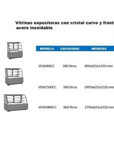 VITRINA EXPOSITORA REFRIGERDA CRISTAL CURVO. PASTELERIA BEBIDAS, ACERO INOXIDABLE MEDIADAS PASTELERIA Y BEBIDAS