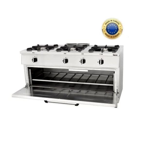 cocina 3 fuegos con horno puerta abierta fabricado en Europa